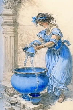 A woman in an ancient Roman dress pours water from an amphora into a pot in a blue and white bathroom, by Jean-Baptiste Monge, watercolour and ink, highly detailed, award winning, crisp quality in sunshine