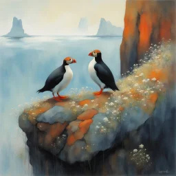 Create an oil painting depicting two puffins perched on rock cliffs in Iceland with tiny white wildflowers growing around them. Modifiers: elegant intricate beautiful colourful Zdzisław Beksiński acrylic art abstract watercolor Fractal Henri Matisse Paul Klee mysterious Victo Ngai warm light watercolor ink beautiful elegant intricate