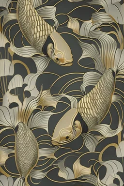 art deco pattern with koi fish in black and gold
