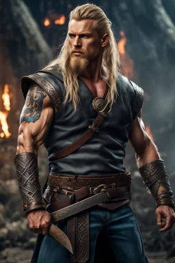 handsome viking warrior king, muscular, long blonde hair, male age 30, wearing jeans and a white shirt, tan skin, tattoos,photorealistic 4k modern fantasy