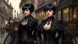 body portrait of a gothic woman with a black bob with a full fringe hairstyle, dressed in brown leather trousers, waistcoat, and gloves, in a Victorian street next to a steam carriage, full colour