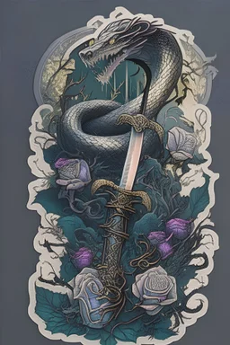 Design a captivating sticker inspired by gothic fantasy novels. Create an intricate scene featuring a beautifully crafted sword with a coiling snake entwined around it. Surround the central image with an array of hauntingly enchanting flowers, evoking a romantic fantasy atmosphere. Ensure the overall design is visually striking and suitable for a sticker format.