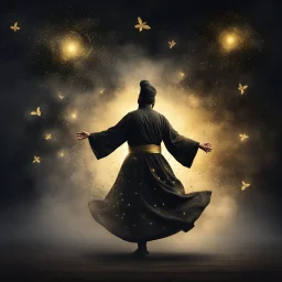 Hyper Realistic Sufi Whirling with black & Golden Islamic Sufi Rustic Grungy Background with heavy fog & fireflies at dark night