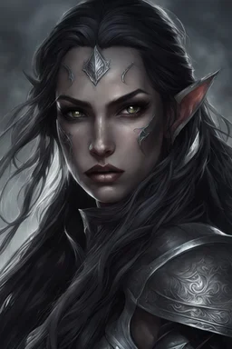 A female elf with skin the color of storm clouds, deep grey, stands ready for battle. Her long black hair flows behind her like a shadow, while her eyes gleam with a fierce silver light. Despite the grim set of her mouth, there's a undeniable beauty in her fierce countenance. She's been in a fight, evidenced by the ragged state of her leather armor and the red cape that's seen better days, edges frayed and torn. In her hands, she grips two swords, their blades spattered with an eerie green blood