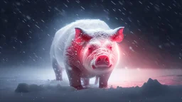 Gorgeous angry white sabre tooth pole pig with glowing red eyes in a snow storm at night