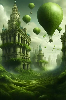 Abandoned Baroque cityscape, trees covered pearls and moss, green ballons flying Over the city covered with moss, organic bio spinal ribbed detail of transculent baroque style ornaments, textured extremely detailed maximálist hyperrealistic concept art