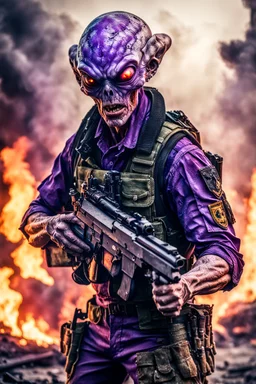 an epic 12k,ultra high definition , digital photo of a scary looking alien, purple colored alien, angy and rising from the ashes, a war veteran, army beret , captain rank, ripped and torn ammo clothing, chaotic fiery and dust background, dramatic close-up action shot of him behind the machine hand gun on the burned out war tanker,gothic and sinister