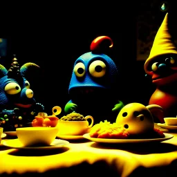 Close-up shot of ultra realistic odd monsters dining, vivid, ultra realistic, Joan Miró, hypermaximalist figures, light, Italian 1970's odd movie, hilarious, Minicavio Quollati style, photography by Marlost Endgulp, ornate, 4k, photorealism