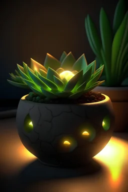 Generate an AI image of a small geode-shaped concrete planter with a succulent inside, emitting a soft glow from embedded mini lamps.