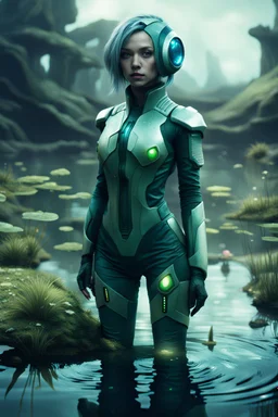 [future] A woman in scifi outfit a pond