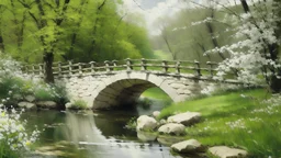 Impressionist painting of a two-arched stone bridge over a quiet stream in spring, with tall trees and white foliage in bloom.