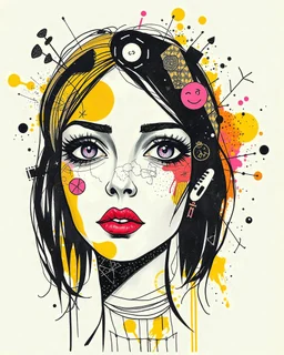 A mixed media collage featuring an abstract female figure with expressive eyes, adorned in vibrant patterns and symbols that evoke emotion., focus on face, isolated background, color splashes, scribbles, pen strokes, collage style, mixed media collage, scrapbook aesthetic, yellow-orange black purple pink white tones, vintage paper textures, hand drawn elements, playful use of shapes, bold shadows, whimsical atmosphere, textured brushstrokes, monochromatic palette, light pastel colors --ar 1:2 --