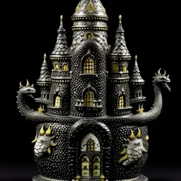 A black castle with a moon dragon designed in Matryoshka dolls painted by Peter Carl Faberge