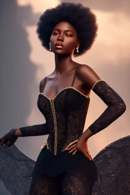 A portrait of a beautiful youthful black woman, wearing a lace black corset, long black hair, wizard, magical, ethereal, intricate bright lighting. Concept art by wlop. Ultra quality 8k.