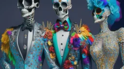 Surreal Painting Entitled "Homo Consumerist"; A Partially Skeletonized Celebrity Couple Wearing Haute Couture Made Out Of Bits And Pieces Of Colorful Items From The Mysterious Depths Of A Bird's Nest.