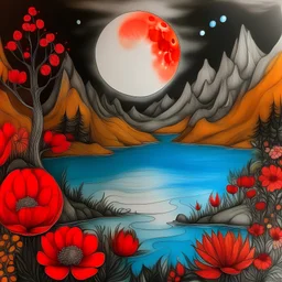 a child's pencil color drawing of a moon crying and filling a lake, surrounded by mountains and gigantic red flowers