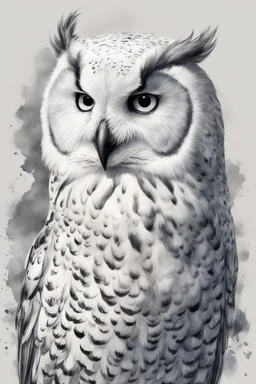 ink wash and watercolor illustration of a hybrid Snowy Owl girl with highly detailed feathers and facial features , with a fine art aesthetic, highly detailed , realistic , 4k UHD cinegraphic quality