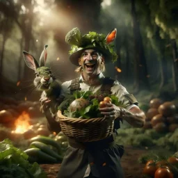 victory portrait of crazy cook army officer playing basket with vegetables inside grove with fluffy hare with mutations getting blasted by exploding hare, 4 k, down-light, soft light, depth of field, photo realism, trending on art station, high detail, spray paint