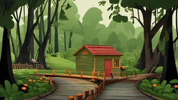 Cartoon style: at the end of the bridge, there is one tiny wooden house with red roof