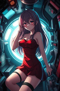 Anime girl crushed inside claustrophobic really diesel in engin room of the ship, fullbody, intricate, darkred tones, macro photography,