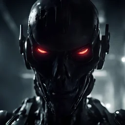a close up portrait of a combat cyborg. photorealistic. use these themes: the borg, the matrix squiddies, cyberpunk. the lighting should be dark. it is standing in the shadows. it's battle damaged after years of action. incredibly ominous. one eye is covered by a targetting device. it carries a laser sword.