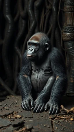 A gorilla in the background of black vein, human veins, mixing together a lot of them, like a forest, big and small veins a lot of them, an army a dead baby gorilla sitting on an old broken table