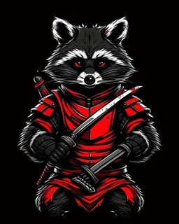 racoon samurai with a katana, into an armor, red black colors,