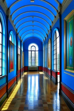 An exhibition of paintings whose side walls are in the shape of an oval and made of blue glass and its floor is light with a wall in the middle of the hall to divide it into two parts with a corridor at the beginning and end of the wall and the paintings displayed are old and historical with a window at the end