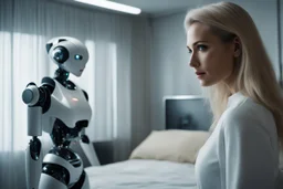 [replicant] a blonde 40yo woman stands before a sleek, humanoid robot in her bedroom. She gazes at the soft and warm machine with a mixture of curiosity and longing, her heart pounding in anticipation of what is to come.With a hesitant but determined step, she reaches out and touches the robot's cold, smooth surface.