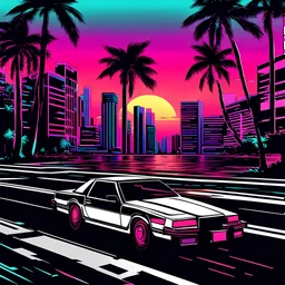 Miami vice style digital landscape of Miami urban street at sunset, unrealistic, GTA style, ity80s liminal aesthetic, synth wave style, graphic design, high quality super detailed digital illustration vector art, gossamer, glossy, gothic flash art design, macabre, 16bit, concept art