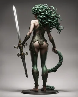 full-length, detailed persona, sword in hand, gorgon medusa, from the back, half turn