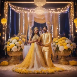 Hyper Realistic Beautiful Traditional Indian Wedding Couple on Stage decorated with different Yellow & White flowers & neon wedding lights with people at Night