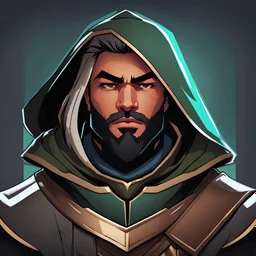 Full colour headshot in game character art style portrait in the style of the game Valorant. He is a ranger, a skilled warrior of noble lineage wearing a cloak with the hood on.