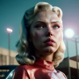 Ultra Realistic retro sci-fi movie explosion Supermarket parking people scene, 1960 year, waist up view portrait, 1 blonde women, sweet scarlet Johansson face, perfect iris, glow eyes, face makeup, tight latex coat. many people looking, Retro sci-fi style, soft color, highly detailed, unreal engine 5, ray tracing, RTX, lumen lighting, ultra detail, volumetric lighting, 3d, finely drawn, high definition, high resolution.