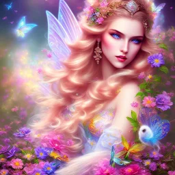 bright fairy, beautiful portrait, flowery landscape