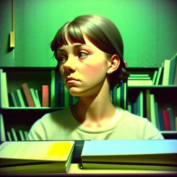 As the music begins, a young woman sits alone in a dimly lit room, surrounded by stacks of dusty books and papers. She looks lost in thought, her eyes fixed on a single spot on the wall as she listens intently to the low-quality recording on the tape player in front of her.