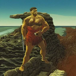 a landscape illustration of a barbarian warrior on a cliff overlooking the sea by Richard Corben