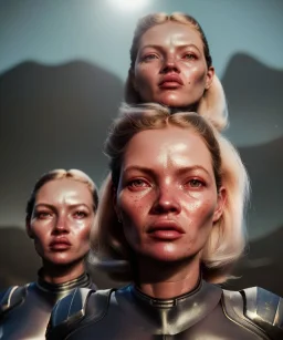 Ultra Realistic retro sci-fi movie scene, waist up view portrait, 3 clones blonde women, sweet young Kate moss face, perfect iris, glow eyes, face makeup. Mars and martians background, Retro sci-fi style, helmet, tight latex coat, fog, rain, soft color, highly detailed, unreal engine 5, ray tracing, RTX, lumen lighting, ultra detail, volumetric lighting, 3d, finely drawn, high definition, high resolution.