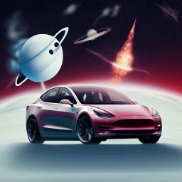 A Tesla Model 3 flying in outer space with a stuffed animal in the driver’s seat