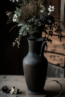 detail image of an old black rustic vase with flowers on a wooden table. modern farmhouse style with rustic feeling.