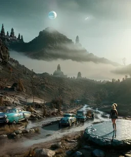 Ultra Realistic retro sci-fi 1960 scene, waist up view portrait, blonde woman, sweet young Marilyn Monroe face, perfect iris, tight latex coat, alien planet background, tight style, steel sphere dron levitating, fog, rain, soft color, highly detailed, unreal engine 5, ray tracing, RTX, lumen lighting, ultra detail, volumetric lighting, 3d, finely drawn, high definition, high resolution.