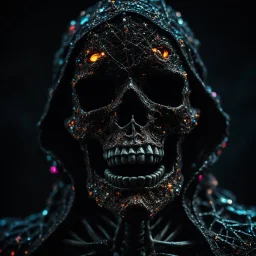 gigantic scarry dark hooded crystal skeleton made of marble, bright colors, glowing sparkle particles, dark tone, sharp focus, contrast, 8k, incredible depth, dramatic lighting, beautifully intricate details, clean environment, epic dynamic scene