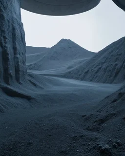 Photograph, NO PEOPLE, a mass of terrain, giant museum space, trees, pillars, high walls, high peak in a room, rag, powder, brook, sediments, deflagration of the background, geological formation, light, architecture, minimalist, details of the terrain very accentuated, 8k, deep 3d field, sharp, brutalist, hasselblad h6d400c --ar 85:128 --v 6.0, enhanced rocks, enhanced terrain, enhanced water