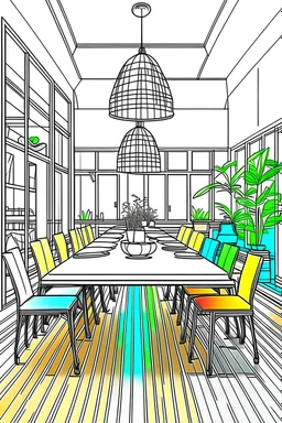 outline art for .A vibrant dining room with a large wooden table and colorful chairs. coloring pages, white background, sketch style, full body, only use outline, mandala style, white background, clean line art, np shadows and clean and well outlined
