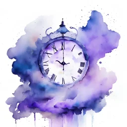a clock dissolving into clouds of lilac and blue, watercolor, timeless, no time, no clock hands, infinity, magic, positive, color everywhere, bright colors, happy, energetic
