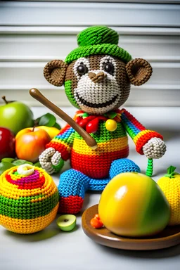 A crocheted toy chef designed as a playful monkey, wearing a colorful chef's coat and holding a crochet whisk, with a backdrop of crocheted fruits and vegetables, showcasing the joy of cooking and creativity in crochet artistry