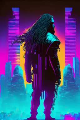 strong long haired mans silhouette on podium in neon cyberpunk cityscape