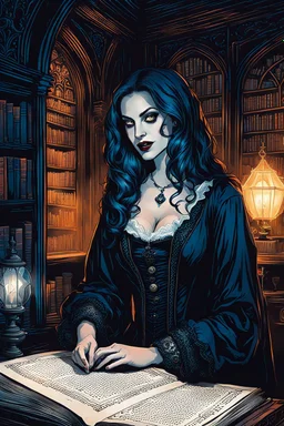 create a fine art print illustration of the spectral shade of a seductive, 13th century Jewish female vampire fortuneteller, clothed in an ornate but ragged bliaud with highly detailed feminine facial features, in a ruined sorcerer's library in the old city of Krakow, shrouded in a fetid mist at midnight , in the comic book art style of Bill Sienkiewicz, and Jean Giraud Moebius, finely textured, drawn, colored, and inked