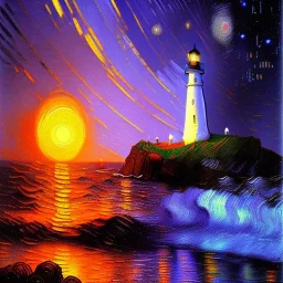 Fantasy, light house, Rocks, lighting, surreal, waves crashing below on the Rocks , 8k, sunset, sketch by Van Gogh in oil