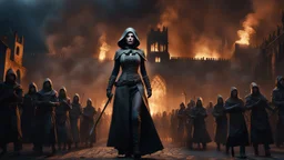 a female general dressed in smoke and shadows and gloves leading an army of the dead through a burning medieval city. the apocalypse. empty hands. blood. magic in the sky. fantasy setting. intense horror. blind terror. scared to death. a masterpiece, fantasy concept art, dynamic lighting, hyperdetailed, intricately detailed, deep color, Unreal Engine, volumetric lighting, Epic cinematic brilliant stunning intricate meticulously detailed dramatic atmospheric maximalist digital matte painting